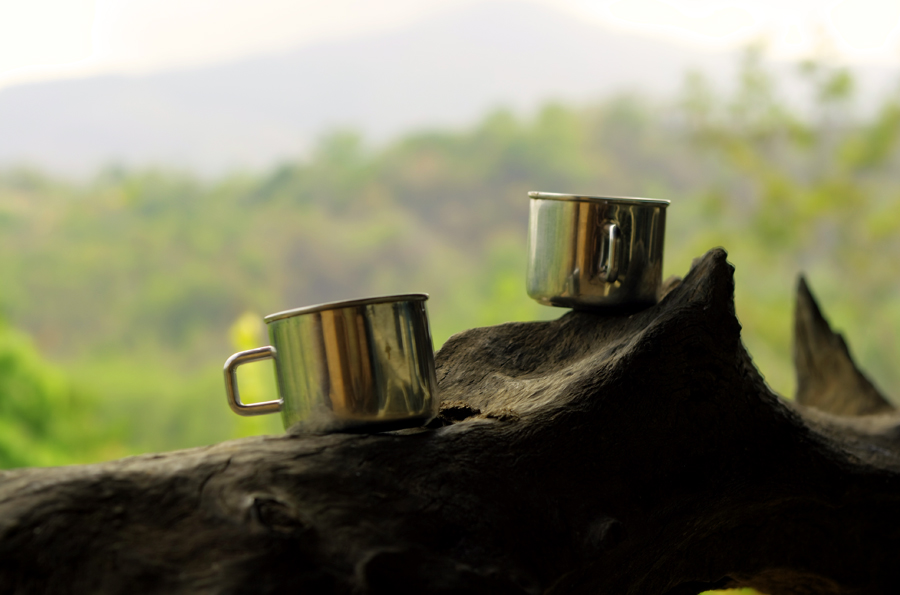 Metal cups in outdoor setting