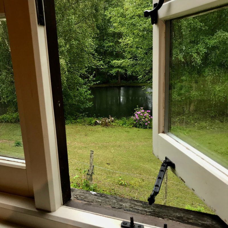view of pond through an open window