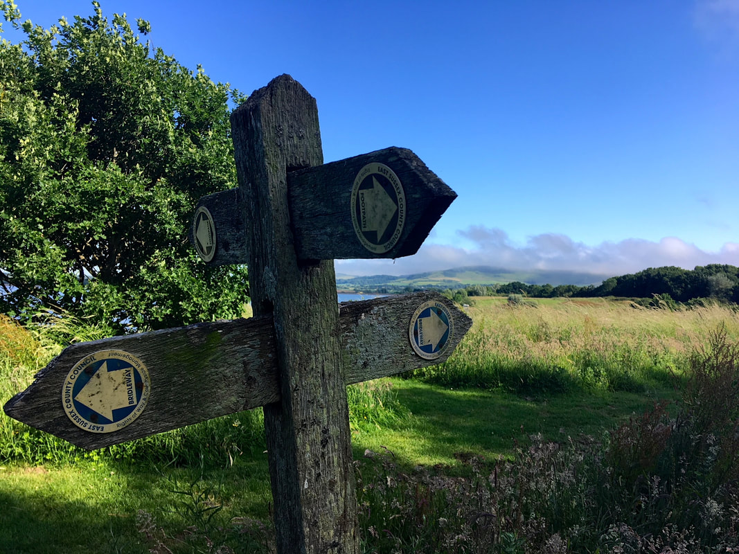 Footpath signpost and sunny scene