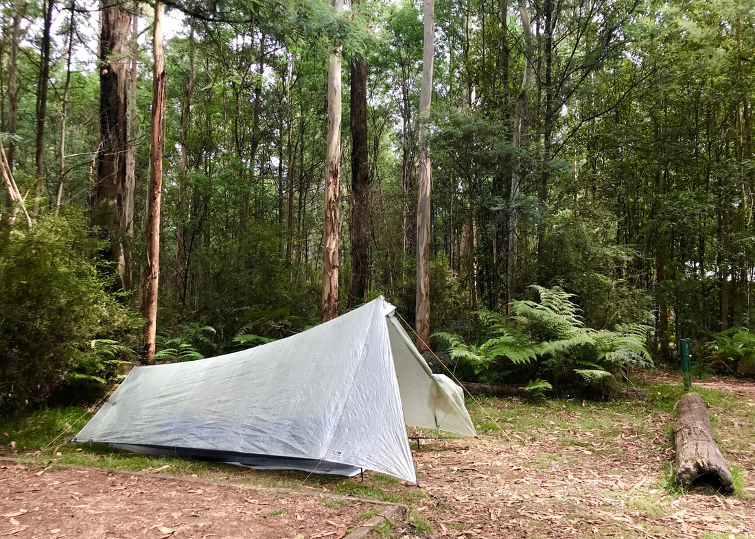 A small tent pitched in front of the bushland as described