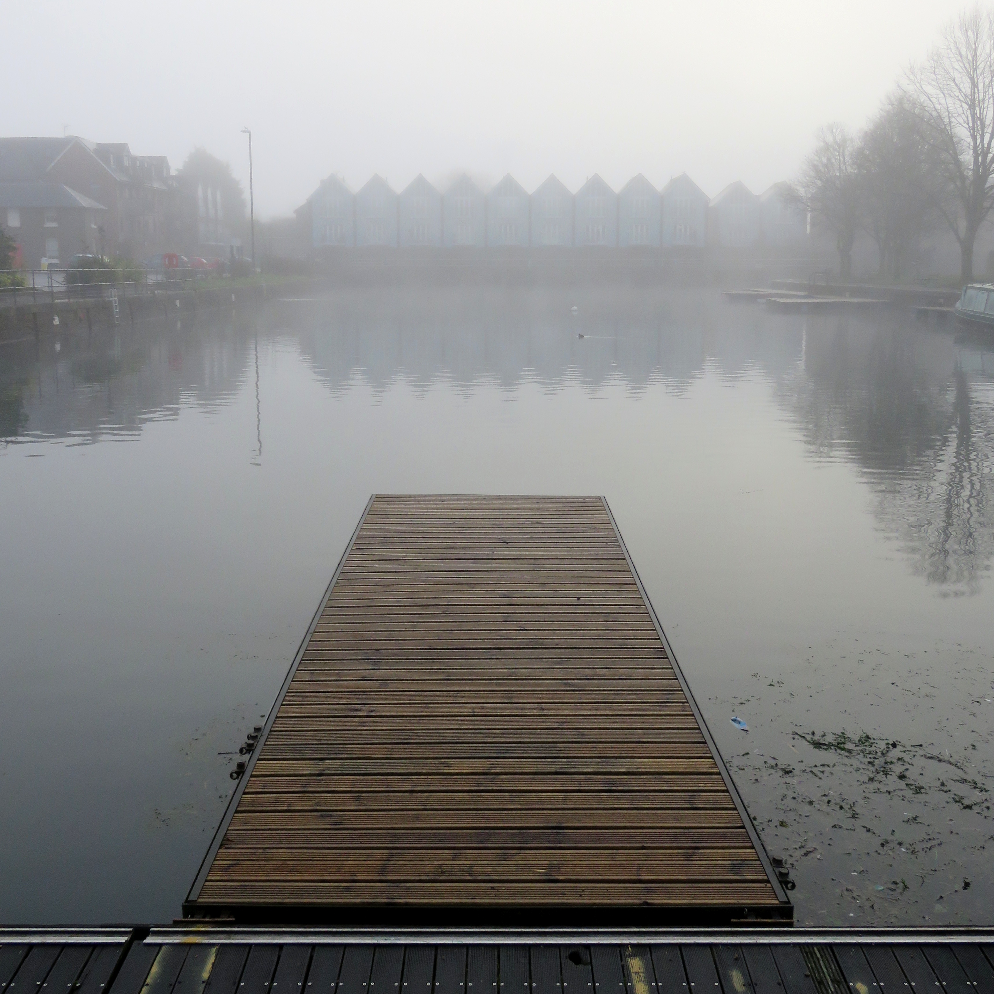 misty water and houses