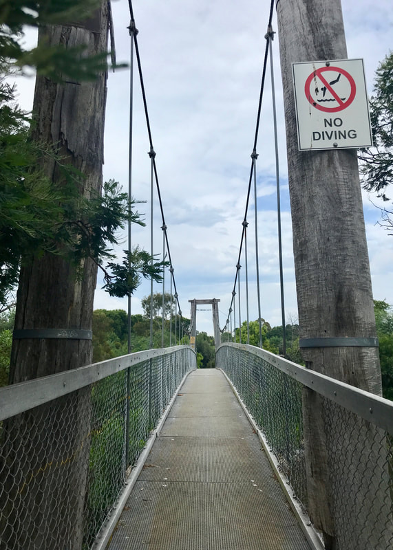 Swing footbridge with a no diving sign