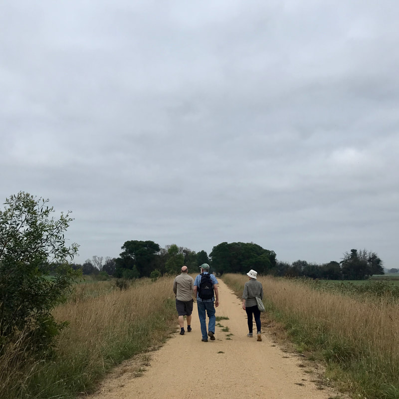 Three figures walk away from the camera on a gravel track