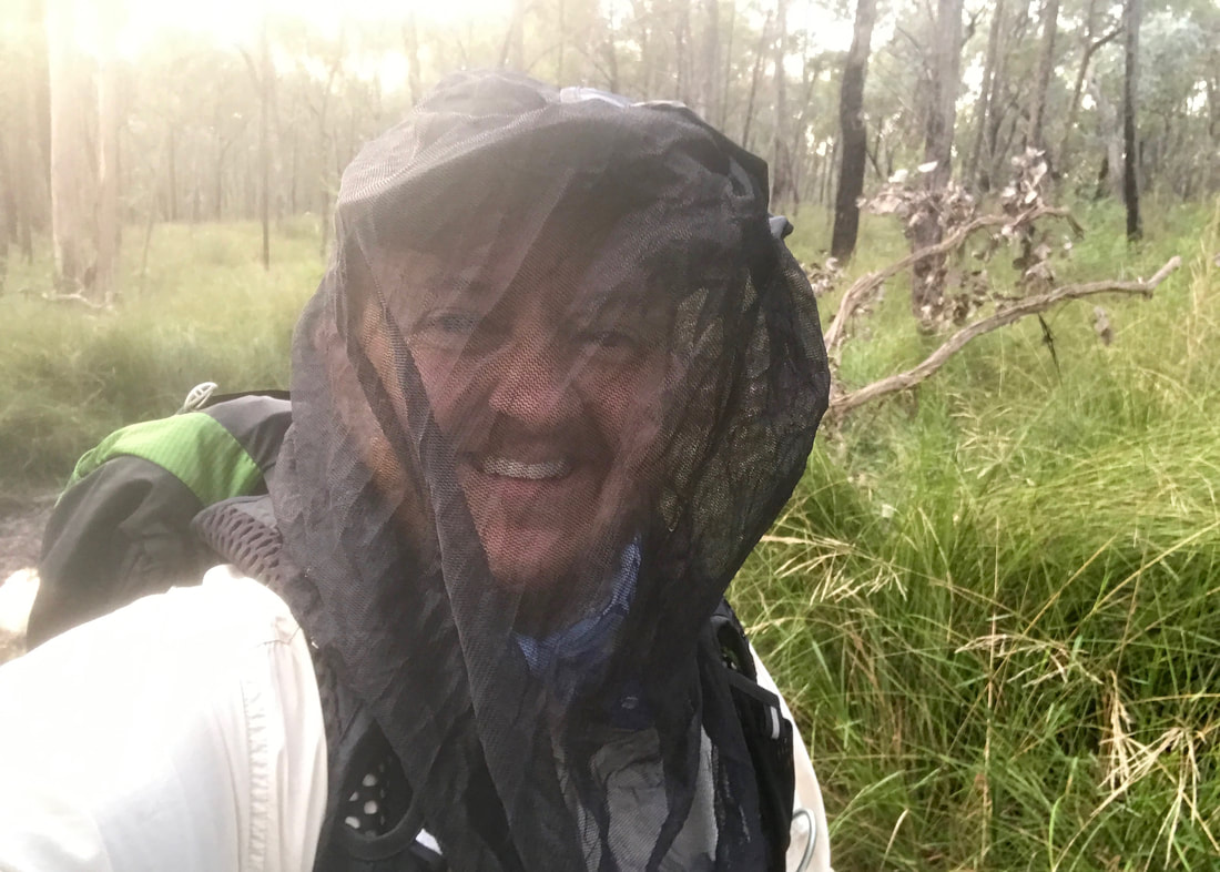 Selfie of smiling person in the bush with a black net over their hat and head