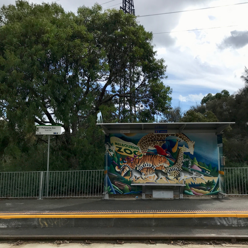 Melbourne Zoo tram shelter with a mural of animals painted on it