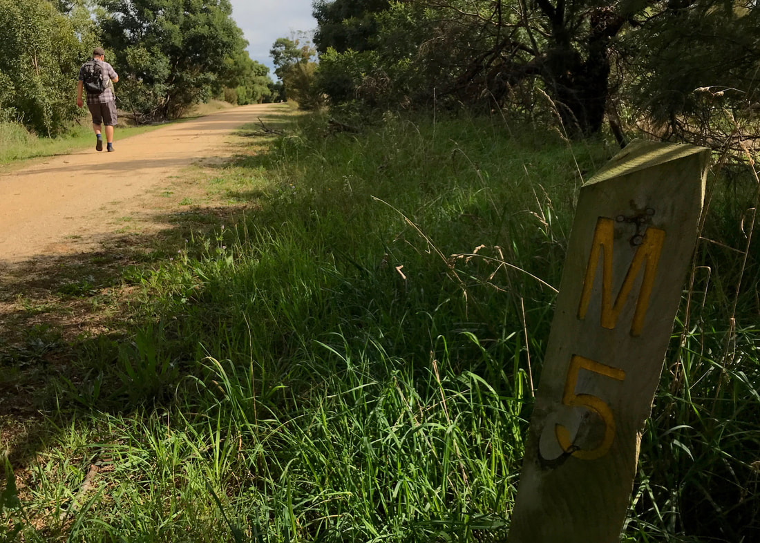 Wooden post with M5 in yellow writing and, in the background, a person walking down a gravel path