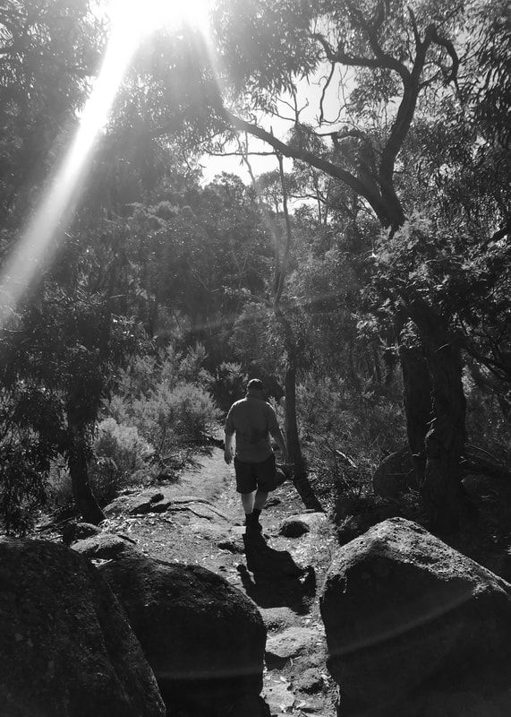 Person walking down a rocky path with a ray of sunshine above