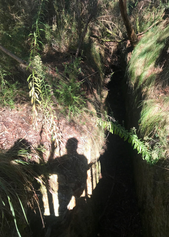 Shadow of two people waving and a deep, narrow channel cut in the ground
