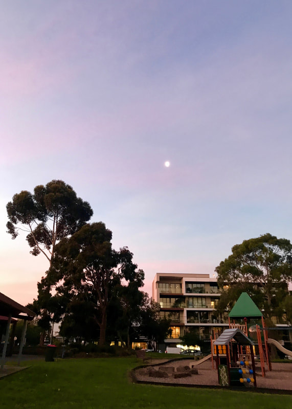 Play equipment, park and apartment buildings under the moon