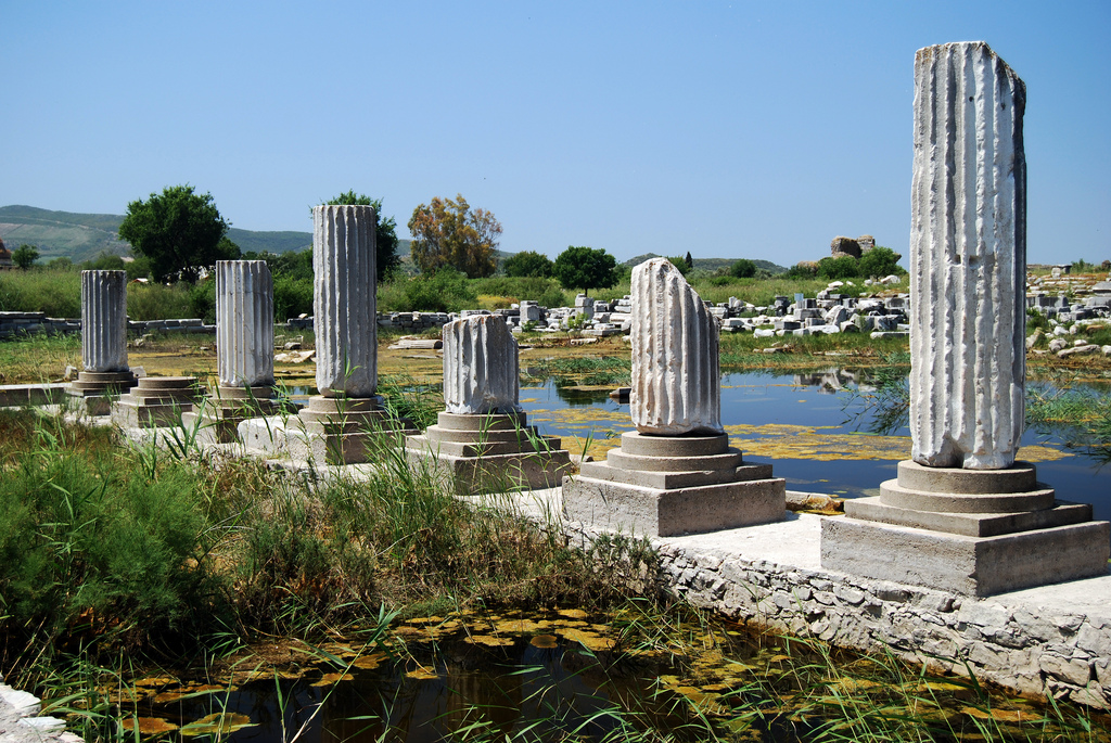 Remains of white fluted columns and a background of jumbled ruins and water