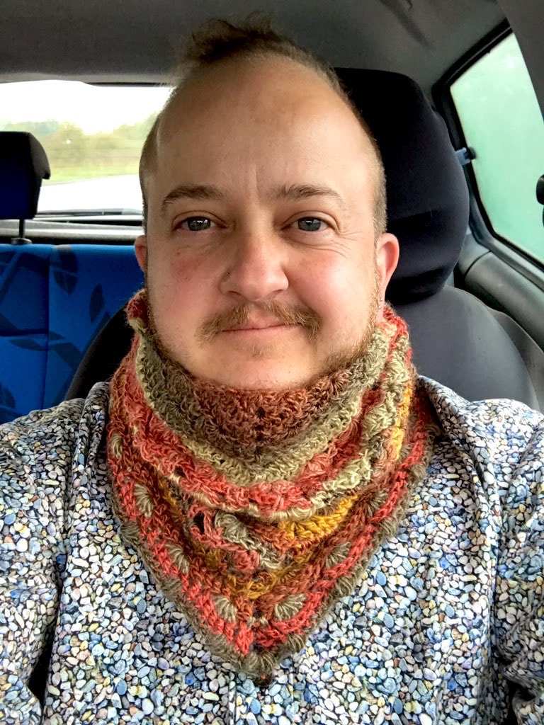 Selfie with crocheted bandana scarf in autumn colours