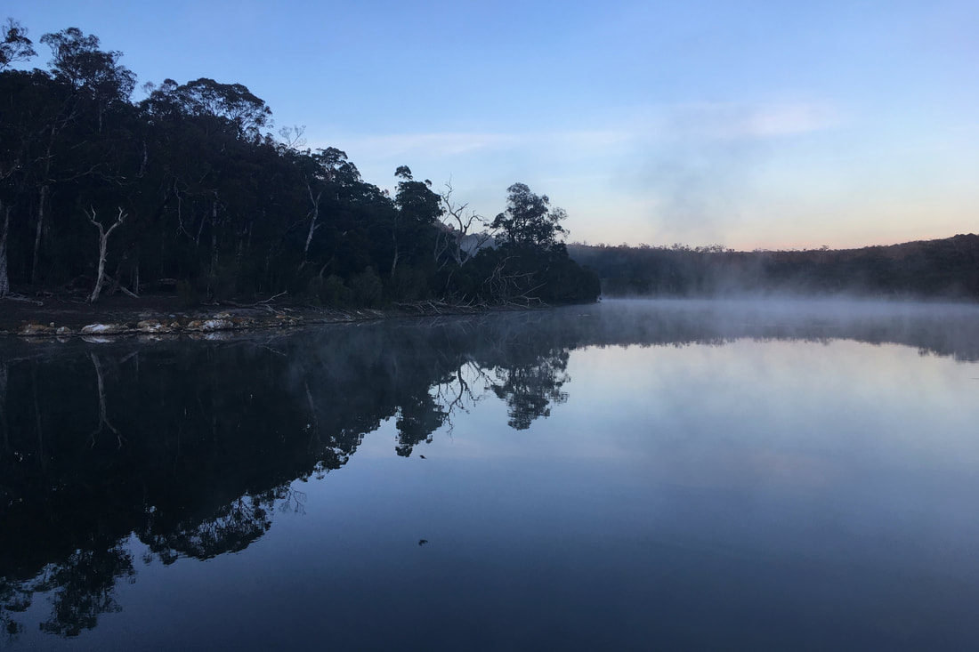 Mist and reflections on water