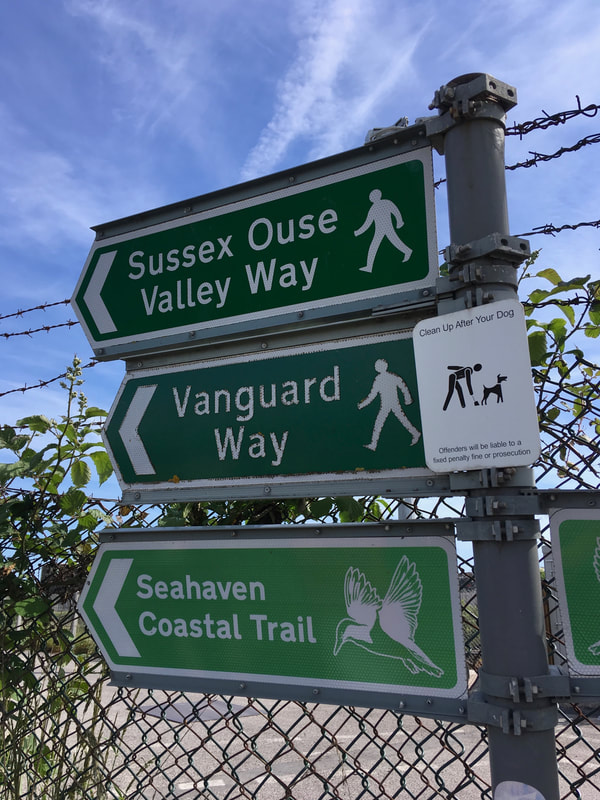 several signs for different walking paths