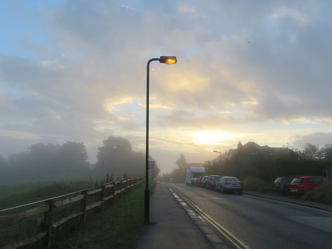 misty road and street light
