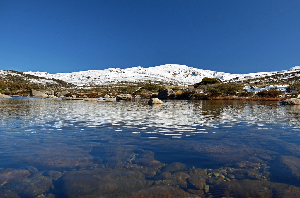 snowy mountain and clear water in foreground