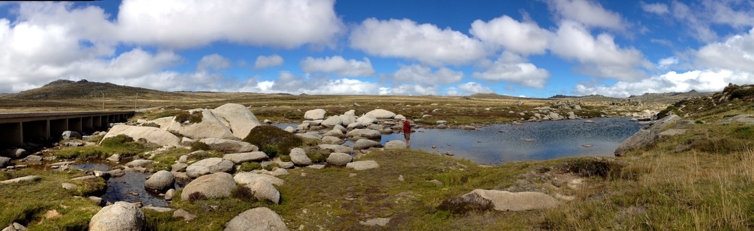 panorama of person paddling in stream